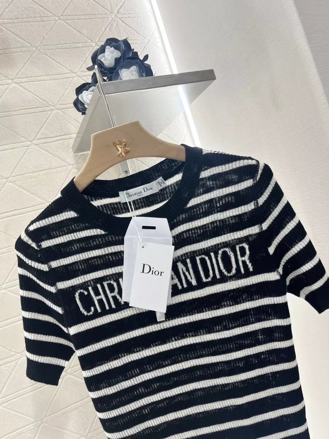 D 25 Spring and Summer new striped knitted short-sleeved top(black,white,pink)