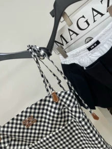 m 25 Summer new black and white checkered leather letter suspender skirt