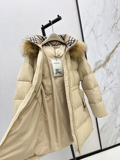 Bru 25 Waist waistband long down jacket ，raccoon fur collar(BLACK/WHITE/KHAKI)