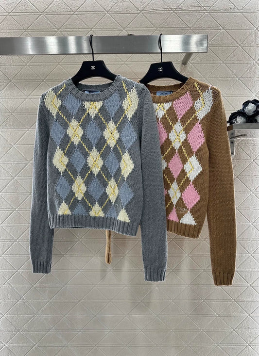 Pr 25 Diamond-knit long-sleeved pullover sweater