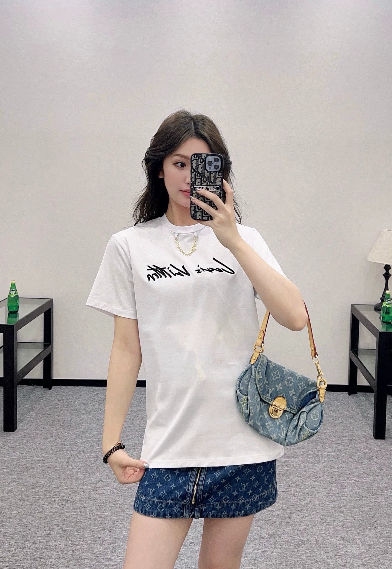 L 25 Round Neck Embroidered Letter Chain Short Sleeve T-Shirt