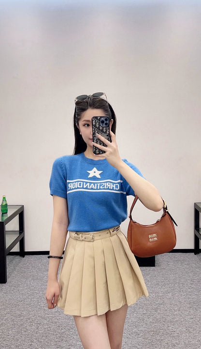 D 25 Star Knit Short Sleeve Top(Blue pink)