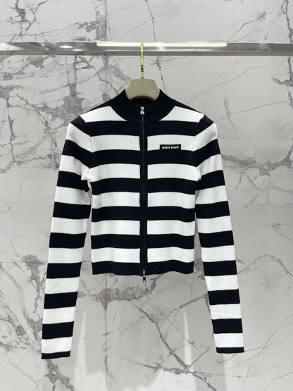 M 25 new logo contrast stripe zipper long sleeve knitted cardigan