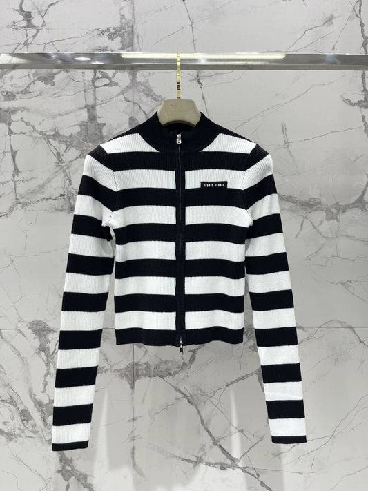 M 25 new logo contrast stripe zipper long sleeve knitted cardigan