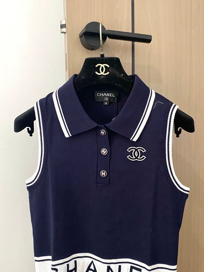 c 25 New Color Clash Letter Stripe Button Down Collar Sleeveless Knit Tank Top