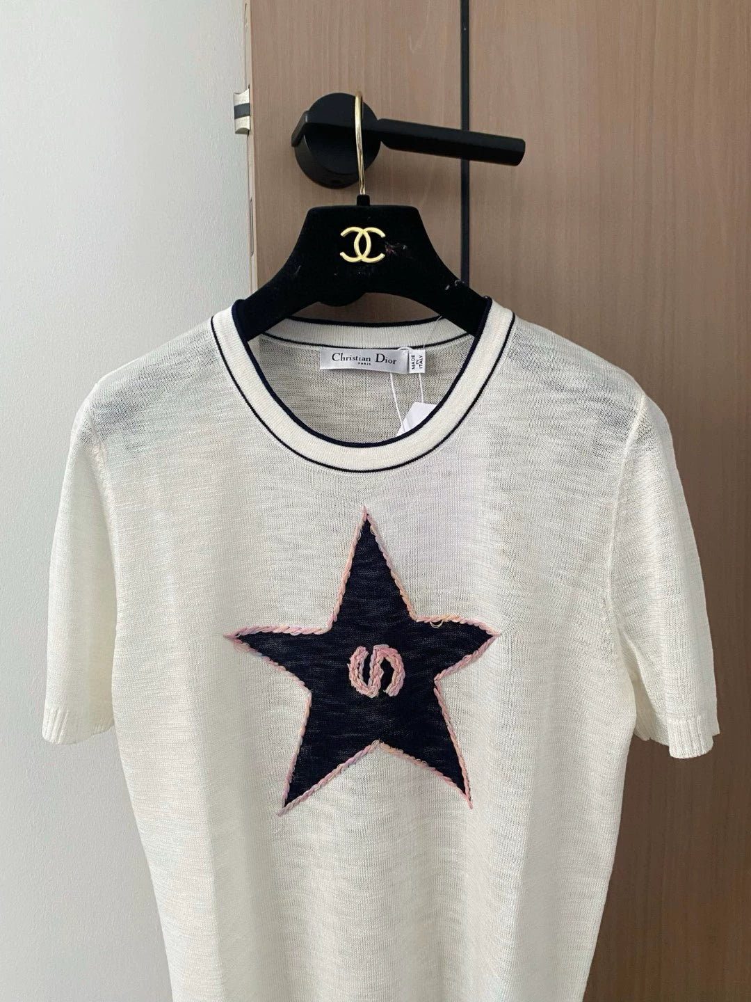 D 25 New Color Clash Stars Round Neck Short Sleeve Knit Top（white sapphire blue yellow ）