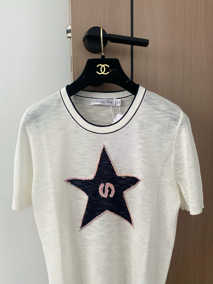 D 25 New Color Clash Stars Round Neck Short Sleeve Knit Top（white sapphire blue yellow ）