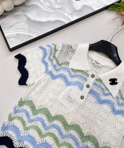 C 25 Summer new lapel stripes hollow letter logo three-dimensional knitted short sleeves