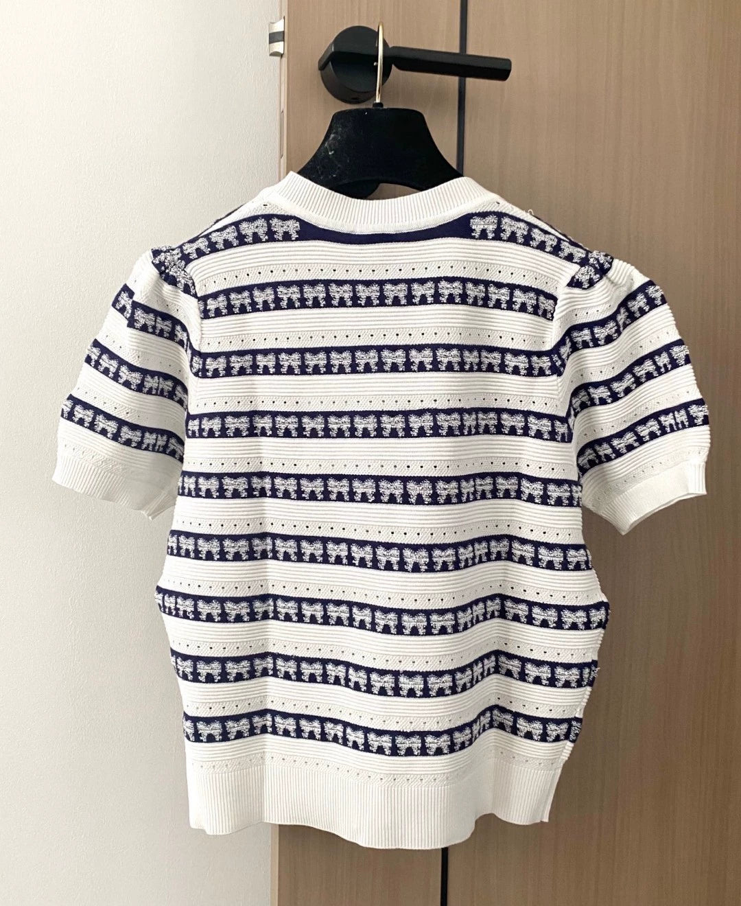 C 25 new striped bowknot V-neck short-sleeved knitted cardigan