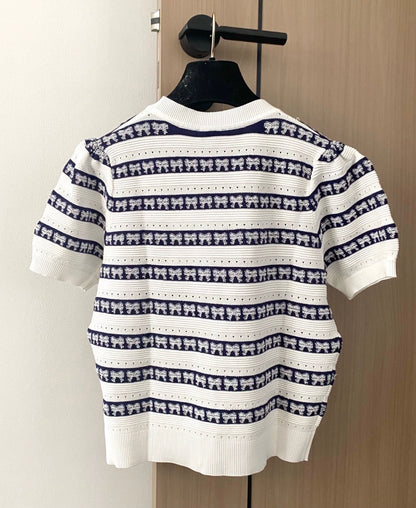 C 25 new striped bowknot V-neck short-sleeved knitted cardigan