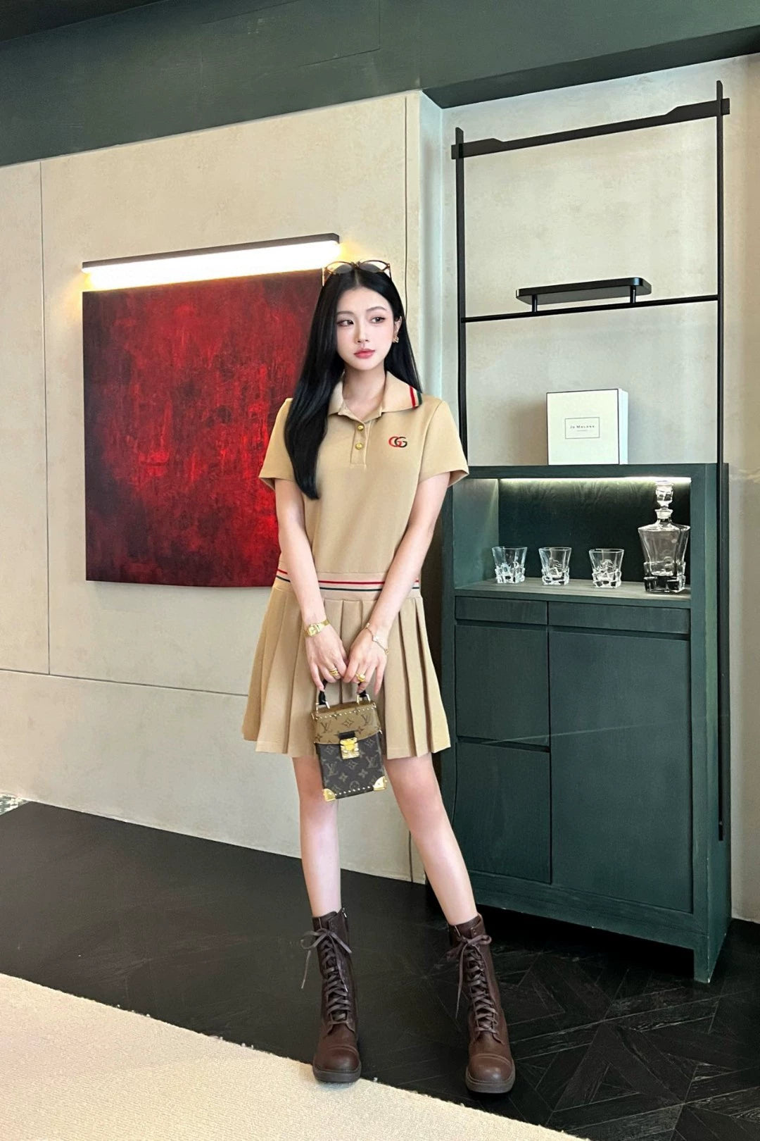 G 25 New Embroidered Letter Striped Button Lapel Short Sleeve Pleated Dresses
