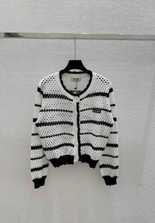 M 25 new striped logo hollow long sleeve knitted cardigan