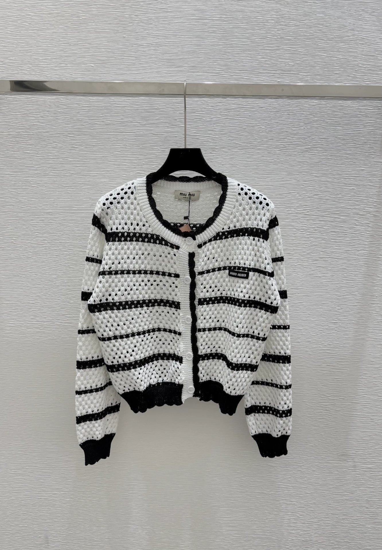 M 25 new striped logo hollow long sleeve knitted cardigan