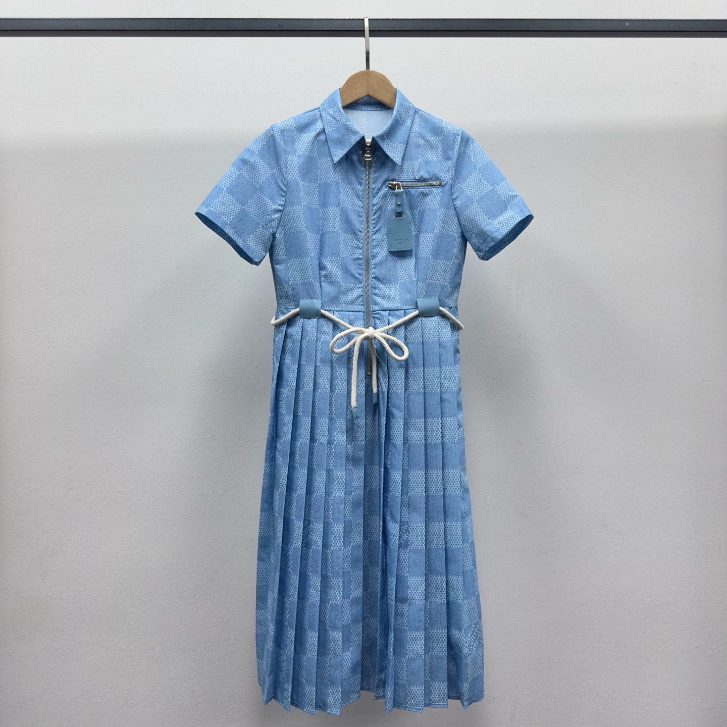 L 25 New Colorblock Checkerboard Zipper Dresses