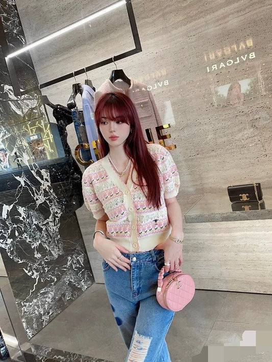 C 25 spring and summer new round neck striped hollow print knit cardigan