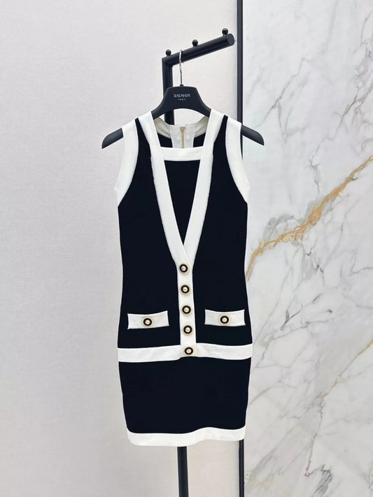 Ba 25 New color clashing buttons waisted knit dress