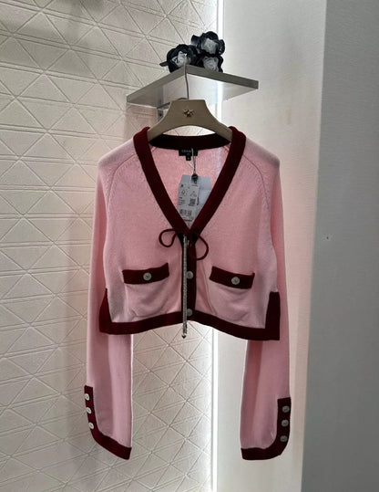 C 25FW pure wool custom-dyed contrast color stitching button cardigan（Red，Blue，Blue2，Pink））