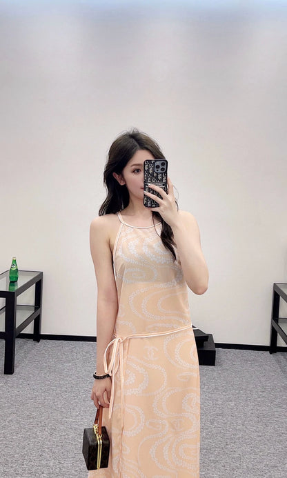 C 25 Printed Neck Dress(black, pink, orange)