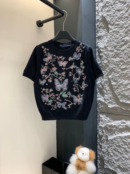 D 25 Butterfly Embroidery Short Sleeve Knit Top