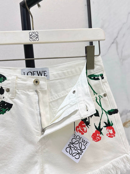 LO 25 Spring/Summer New Resort Collection Rose Print White Denim Shorts