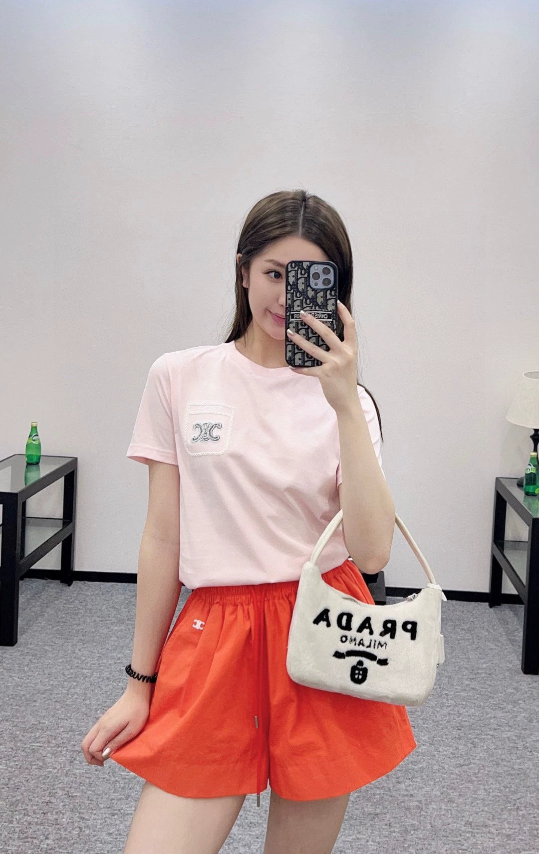 Ce 25 New Beaded embroidery letters round neck short sleeve T-shirt(pink black white)