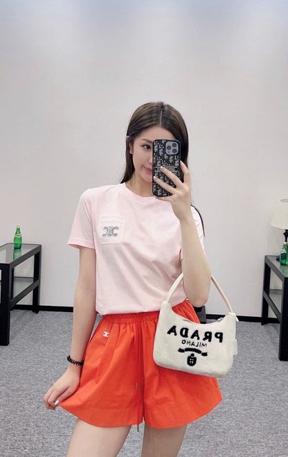 Ce 25 New Beaded embroidery letters round neck short sleeve T-shirt(pink black white)