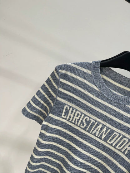 D 25Striped Linen Knit Short Sleeve Gray Blue
