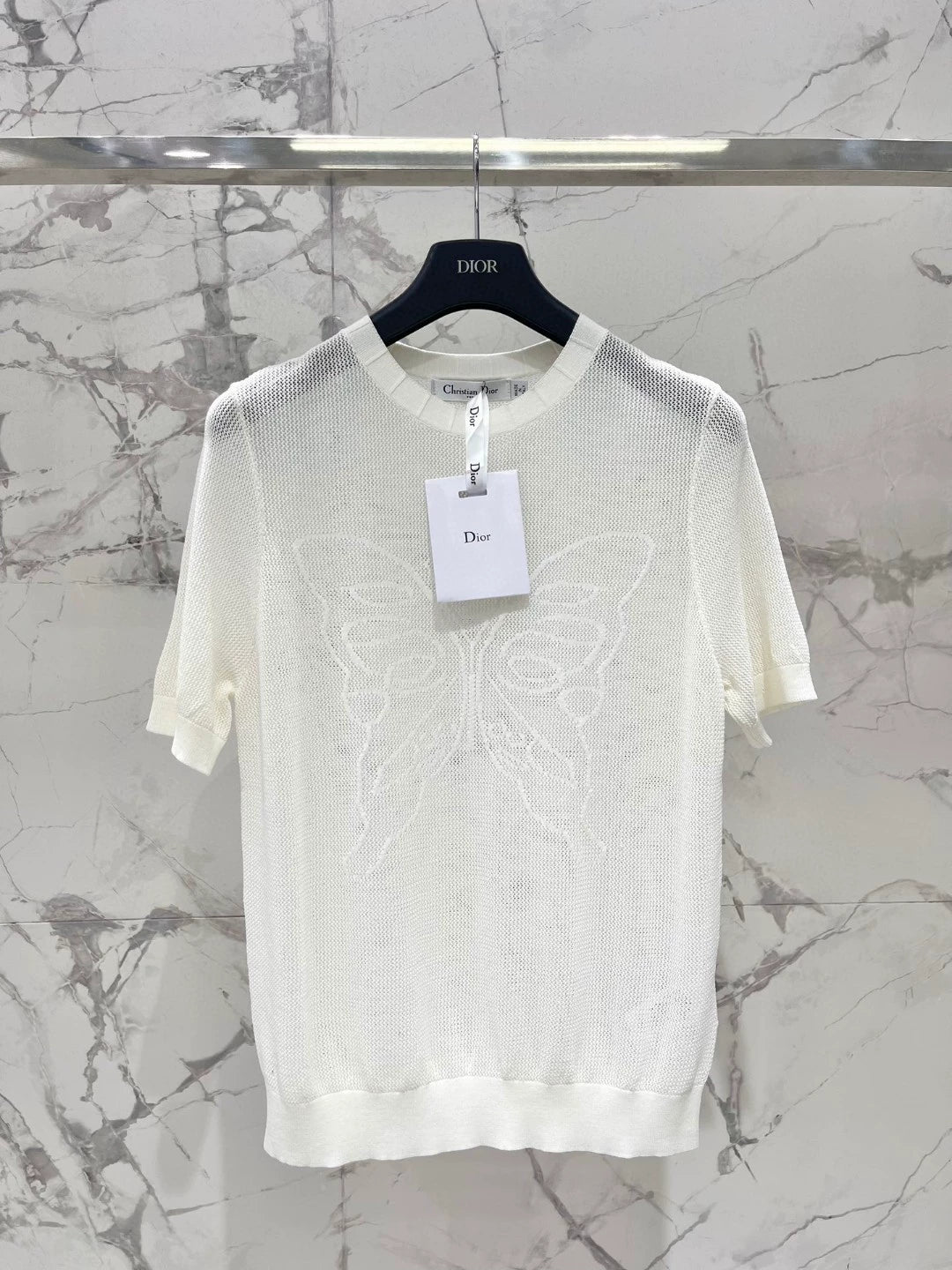 D 25 New Mesh Bee Embroidery Big Butterfly Concealed Breathable Short Sleeve Knit Top