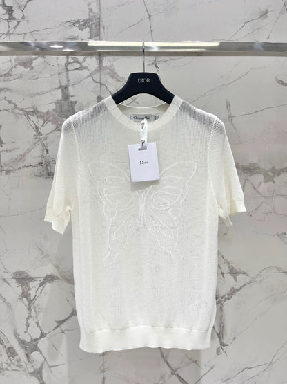 D 25 New Mesh Bee Embroidery Big Butterfly Concealed Breathable Short Sleeve Knit Top