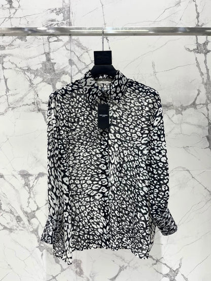 Y 25 New Leopard Print Lightweight Slightly Transparent Lapel Long Sleeve Shirt