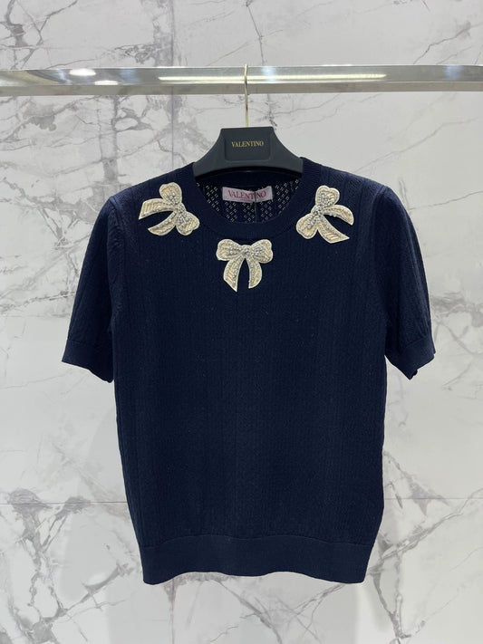 V 25 New French Heavy Duty Bow With Diamonds Short Sleeve Knit