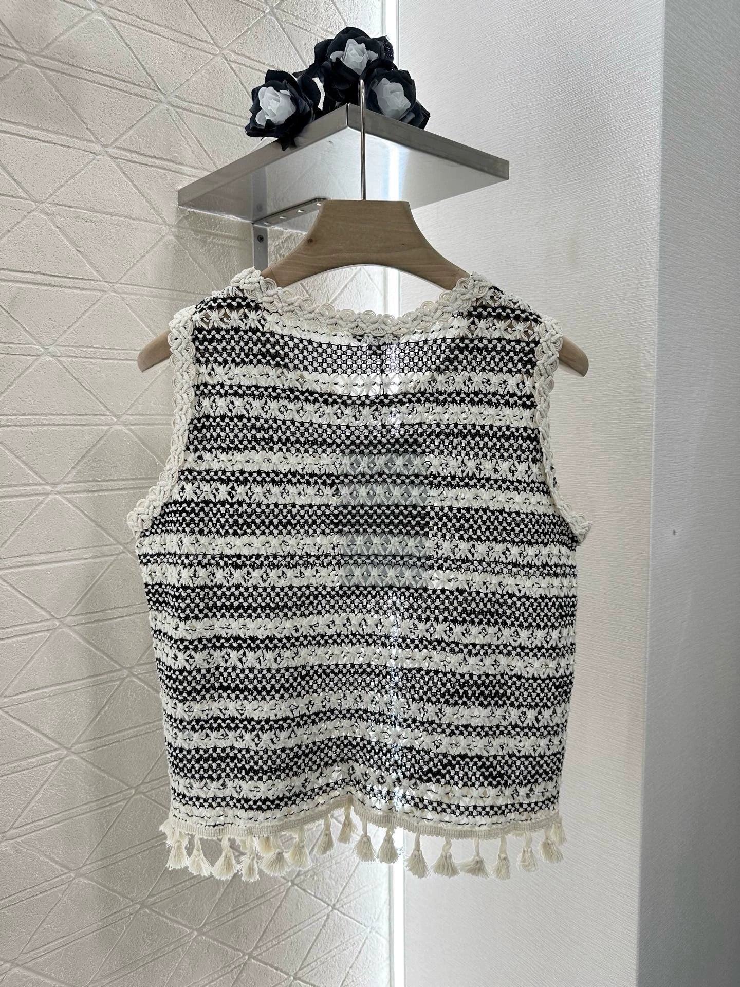C 25 Striped Knit Tassel Lace Vest