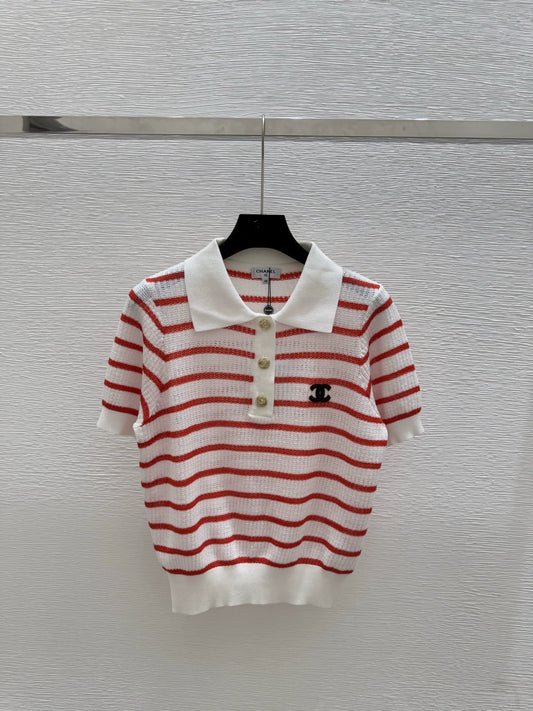 C 25 new striped button lapel short sleeve knit