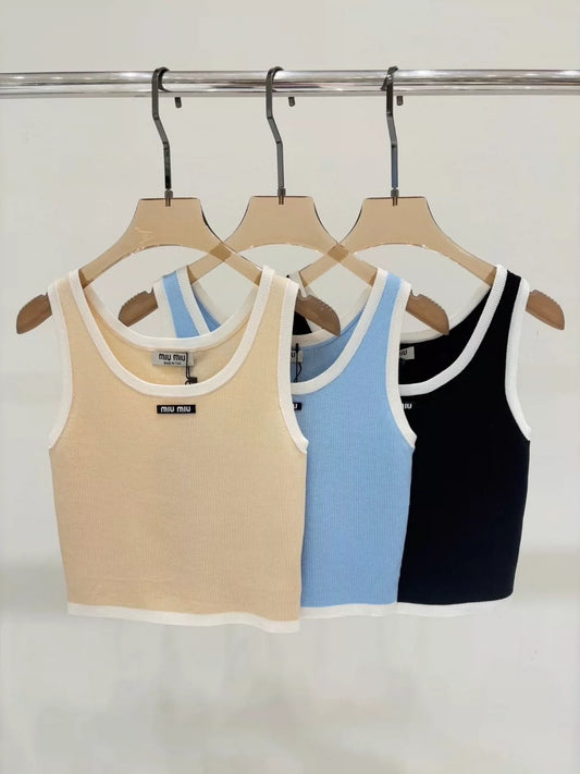 M 25 Summer new round neck letter logo patch edging contrast color simple casual knitted vest