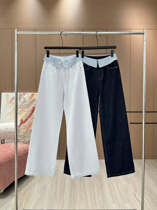 C 25 Cuffed rhinestone lettered denim straight-leg pants