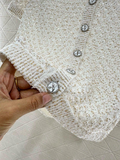 C 25 New Beaded Silver Silk Knit Short Sleeve Cardigan(WHITE BLUE PINK)