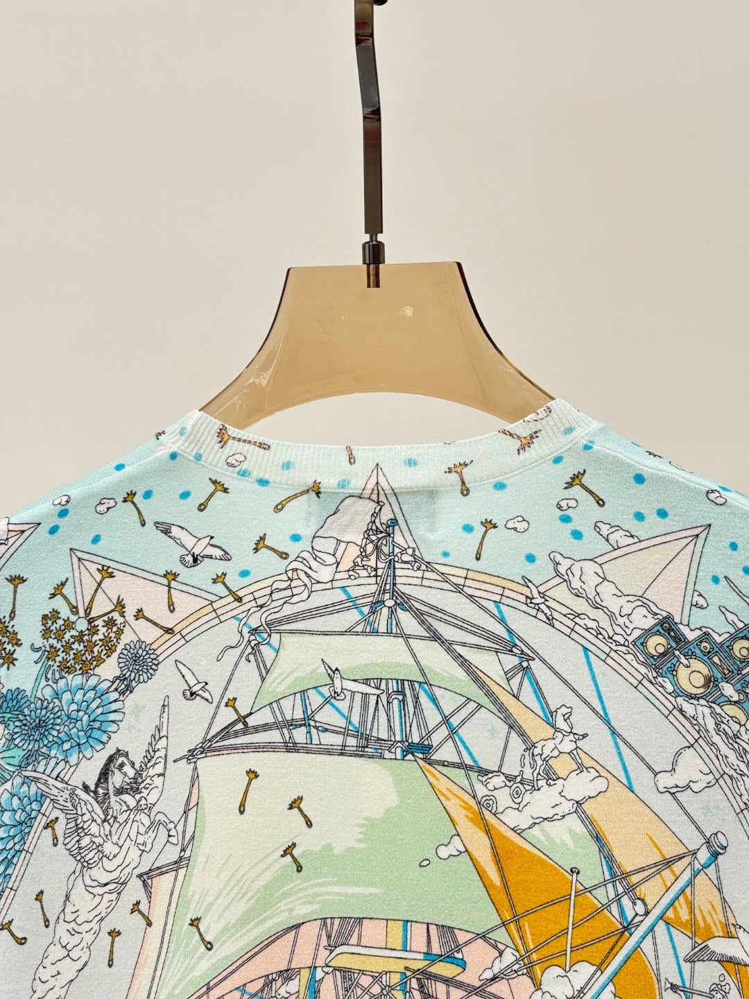 H 25 Early Spring New Round Neck Sailboat Pattern Color Printing Casual Knitted Short Sleeve