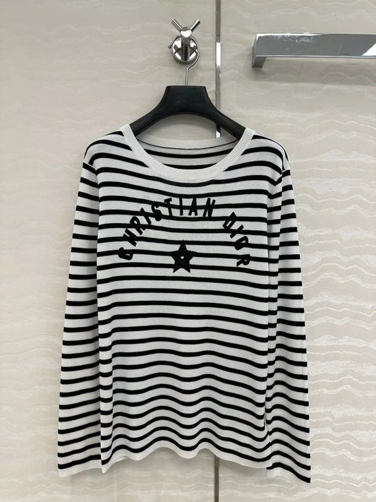D 25 new navy style stripes Lucky Star knitted long-sleeved top