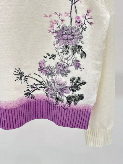 D 25 Early Autumn New Round Neck Peony Embroidery Knitted Top
