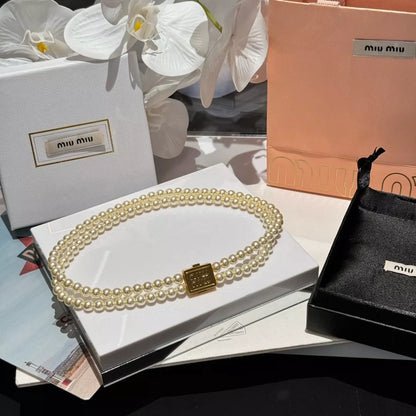 M 25 Gold letter square double pearl necklace