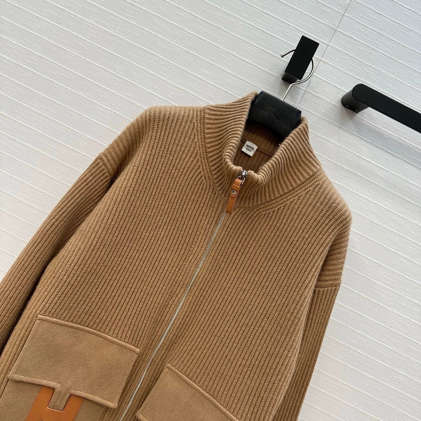 He 25 Mid-length cashmere knitted zip-up jacket(100% cashmere BROWN/GRAY)