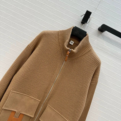He 25 Mid-length cashmere knitted zip-up jacket(100% cashmere BROWN/GRAY)