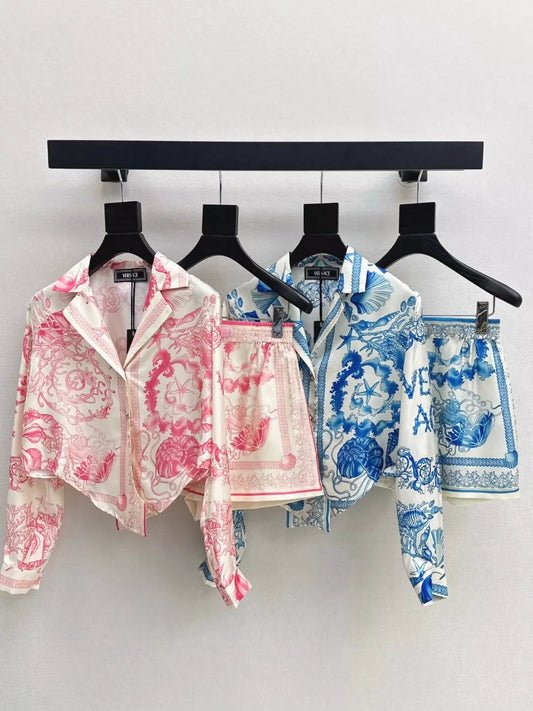 VE 25 spring and summer new goddess of beauty Venus ocean series silk short shirt + shorts set