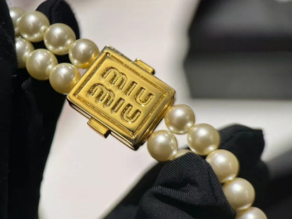 M 25 Gold letter square double pearl necklace