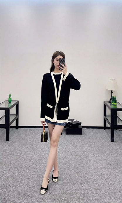 c 25 early fall new black and white color collision knitted cardigan