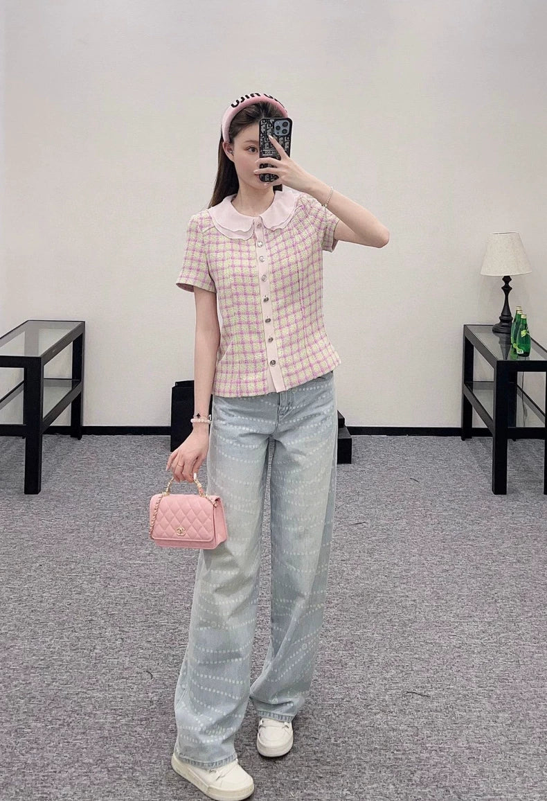 C 25 Spring/Summer New Tweed Patchwork Silk Lapel Short Sleeve Blouse