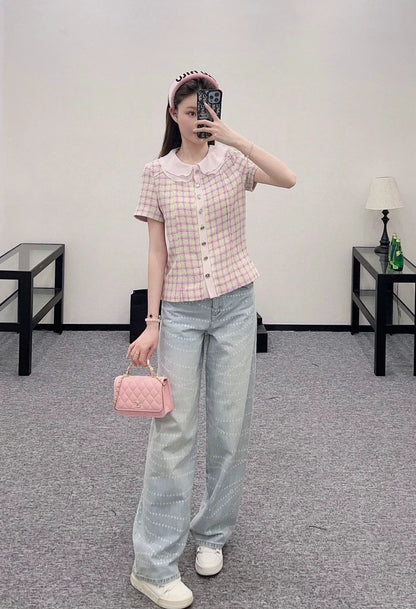 C 25 Spring/Summer New Tweed Patchwork Silk Lapel Short Sleeve Blouse