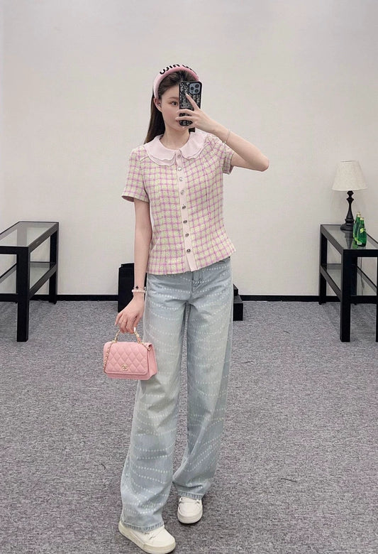 C 25 Spring/Summer New Tweed Patchwork Silk Lapel Short Sleeve Blouse