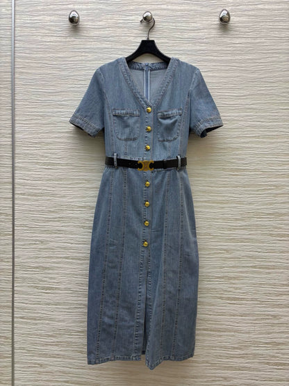 Ce 25 Spring/Summer V-Neck Belt Design Denim Dresses