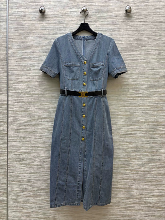 Ce 25 Spring/Summer V-Neck Belt Design Denim Dresses
